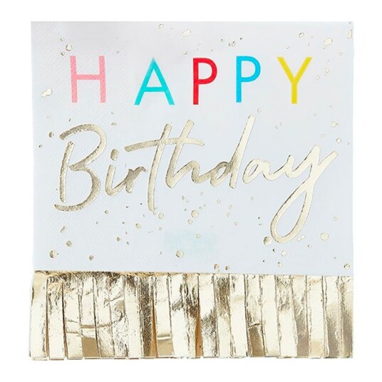 Ginger Ray Servietter Happy Birthday med Gullfrynser - 16-pakning