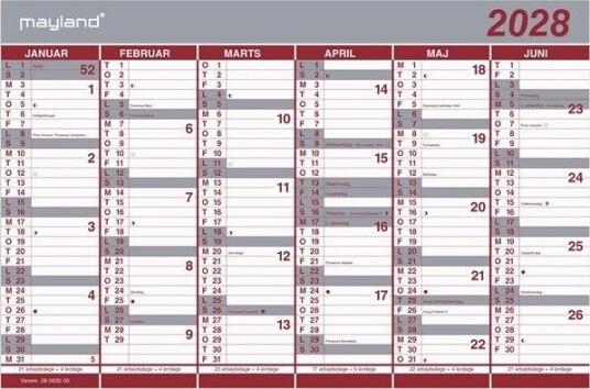 Mayland Kontorkalender Dobbelt halvrskalender 2028