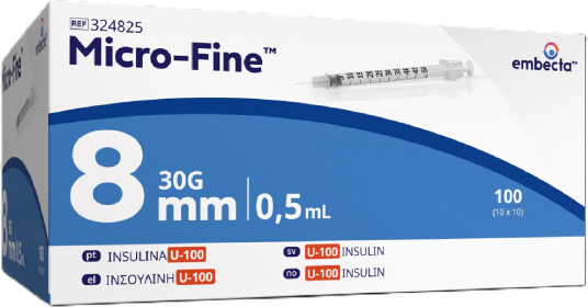 Micro-Fine insulinsprøyte U-100 0,5 ml 30G/8 mm 100 stk Micro-Fine insulinsprøyte U-100 0,5 ml 30G/8 mm 100 stk