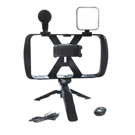 Tripod og Selfiestang med Fjernkontroll og Mikrofon   Svart