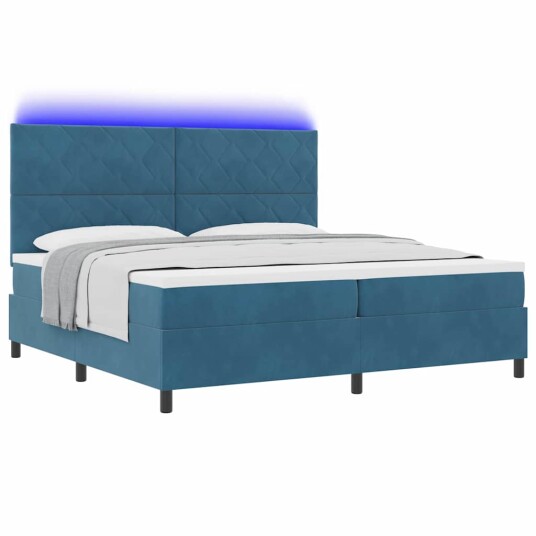 LED Box Springer Bed med madrass Mørkeblå 200 x 200 cm Fløyel