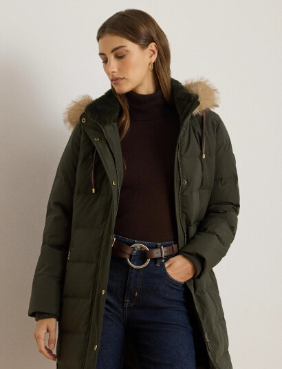 Lauren Ralph Lauren Faux-Fur-Trim Hooded Down Coat - Green - M