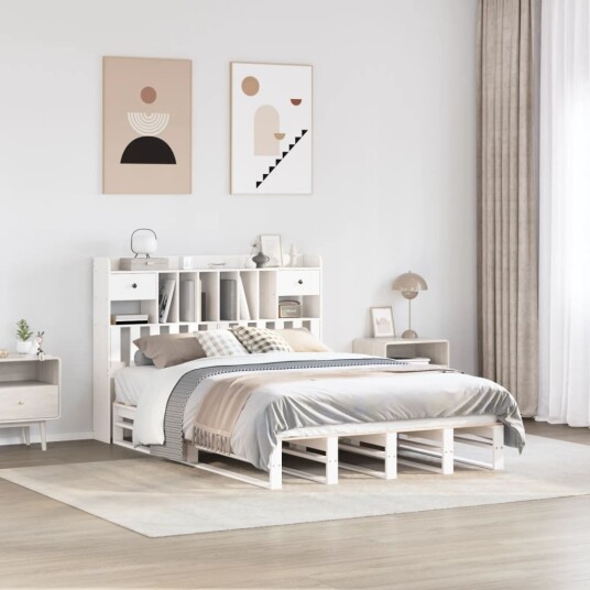  Seng med bokhylle uten madrass hvit 140x190 cm heltre furu 8721158627742