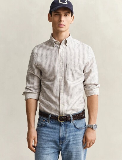 GANT Reg Cotton Linen Stripe Shirt Cream M GANT Reg Cotton Linen Stripe Shirt Cream M