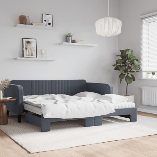  Uttrekkbar dagseng med madrass mørkegrå 90x190 cm fløyel