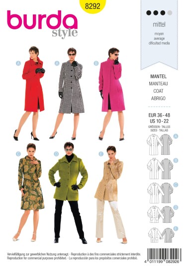 Burda 8292 - Kåpe EUR: 36-48, US: 10-22