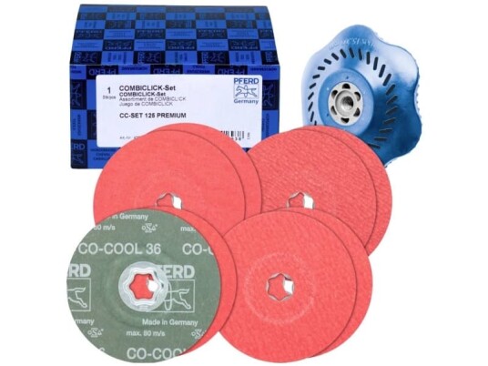 PFERD 42098002 COMBICLICK-fiberskivesæt keramikkorn Ø125mm CO-COOL 36, 60, 80, 120 med CC-H-GT-støtteskive til rustfrit stål Diameter 125 mm