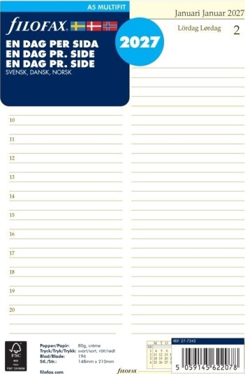 Filofax A5 kalenderinnlegg 2027, én dag per side, svensk/dansk/norsk