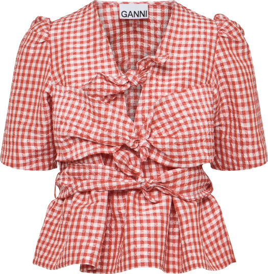 Ganni Crinkled Taffeta Check Tie Strap Blouse Orange 40