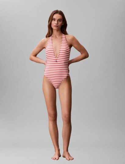 Calvin Klein Plunge One Piece   Coral   XL