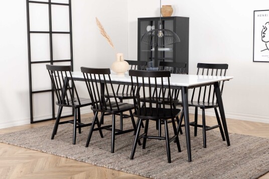 Venture Design Jimmy & Lönneberga spisegruppe Svart/hvit 6 stoler & bord 195 x 90 cm
