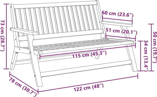 Hagebenk 122.5x77x74 cm Massivt Akasietre