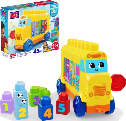 MEGA Bloks Bloks First Builders Build & Count Bus Block Toy 45 Pieces For Toddler Yellow ONE SIZE