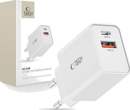 Tech-Protect NC30W Mains Charger USB-C PD 30W / USB-A QC 3.0 - White