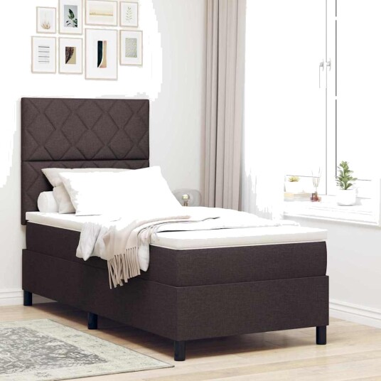 Box Spring Seng med Madrass & LED Mørk Brun 90x190 cm Stoff