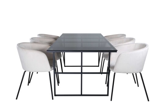 Venture Design Leif & Berit spisegruppe Beige/svart 6 stoler & bord 200 x 90 cm