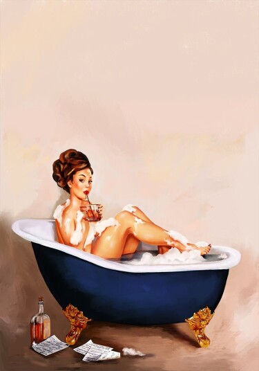 Bathtub Drinks: Pinup Girl Drinking In Bathroom Plakat Plakat / 21x30cm
