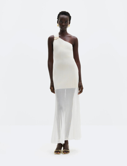 Malina Solenza One Shoulder Sheer Knitted Maxi Dress Cream XL