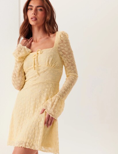 Bubbleroom Square Neck Lace Dress Yellow L Bubbleroom Square Neck Lace Dress Yellow L