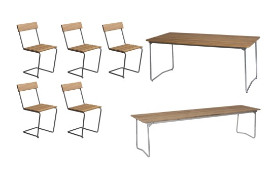 Grythyttan Stålmöbler B31 spisegruppe Teak/galvanisert stål 5 stoler, benk 170 cm & bord 170 x 92 cm