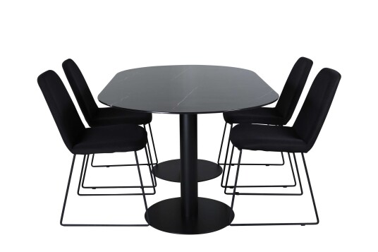 Venture Design Pillan & Muce spisegruppe Svart/svart 4 stoler & bord 180 x 100 cm