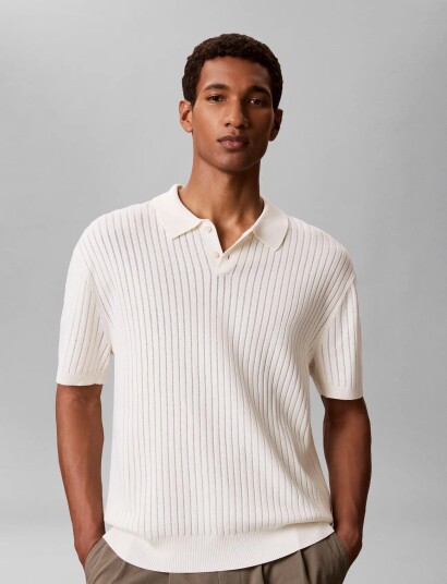 Calvin Klein Ss Lightweight Pattern Polo Swtr   Cream   L