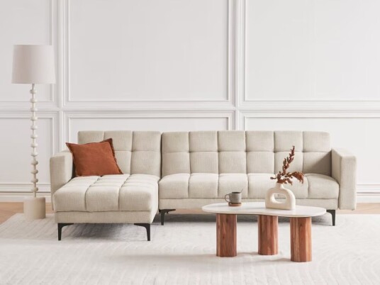 Beliani Høyre Hjørnesofa Beige Polyester Stoff Polstring Liggende Ryggstøtte 3 Posisjoner Click-Clack
