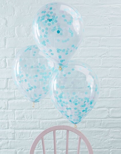 5 stk 30 cm   Gjennomsiktige Ballonger med Blå Konfetti   Plukk og Miks