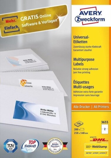 Avery 3655 Hvit Rektangel Permanent 210 X 148 Mm A4 Papir