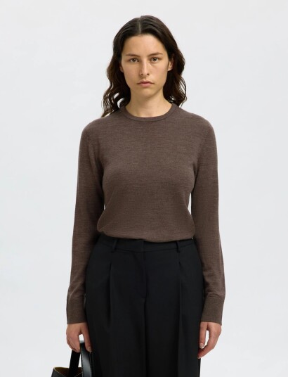 Selected Slfthea Ls Knit Merino O Neck Noos   Brown   XS