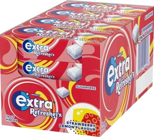 16 stk Extra Refreshers Strawberry Lemon   Tyggegummi med Jordbær og Sitronsmak   Hel Eske 249,6 gram Sukkerfri