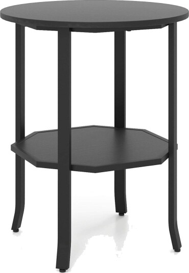 Rundt sidebord med to etasjer og hylle – svart industridesign Rundt sidebord med to etasjer og hylle – svart industridesign