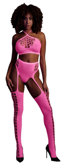 Ouch! Glow in The Dark Neon Rosa Crop Topp og Strømper - Lyserosa - Lyserosa
