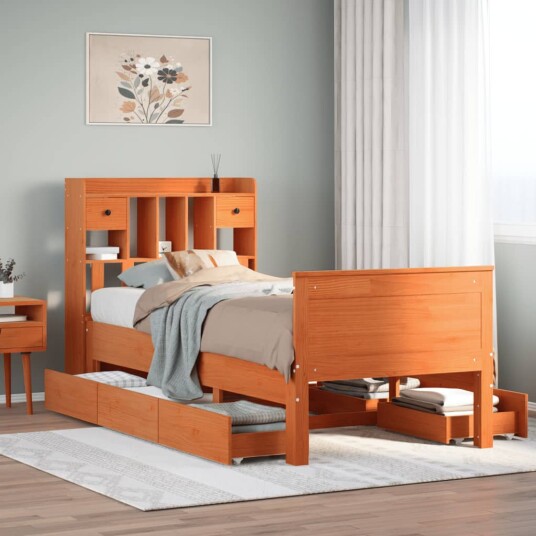 Seng med bokhylle uten madrass voksbrun 90x190 cm heltre furu 8721158383839