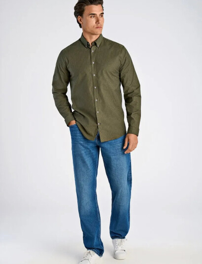 Lindbergh Striped Superflex Oxford L/S - Khaki green - S
