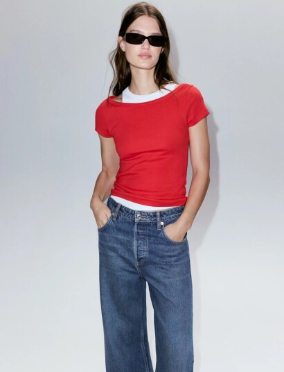 Mango Two Tone Contrast T Shirt Red S