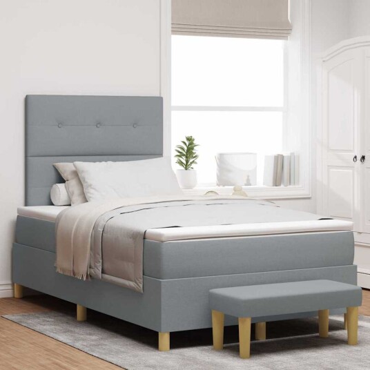 Box Spring seng med madrass og benk Lys Grå 120x190 cm Stoff