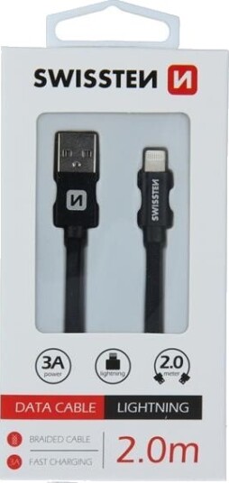 Swissten 2M USB-A til Lightning Kabel Svart 3A Fast Charge Swissten 2M USB-A til Lightning Kabel Svart 3A Fast Charge