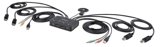STARTECH 2-Port Dual-Monitor DisplayPort Cable KVM Switch 4K 60Hz Compact KVM with 5ft/1.5m Integrated Host Cables Bus Powered