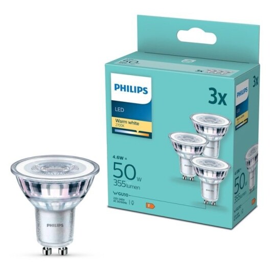 Philips LED-pære GU10 355 lm 3-pk. Philips LED-pære GU10 355 lm 3-pk.