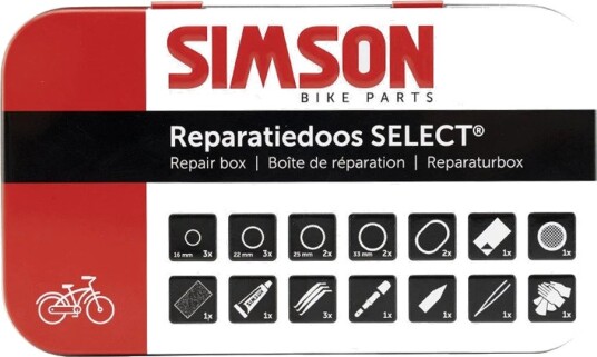 Sykkelverktøy Simson Select Sykkeldekk-reparasjonssett 23 deler for 16 reparasjoner rød hvit