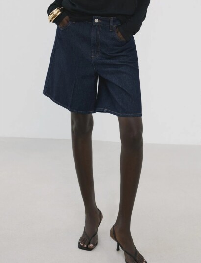 Mango High Waist Straight Fit Denim Shorts Navy 36
