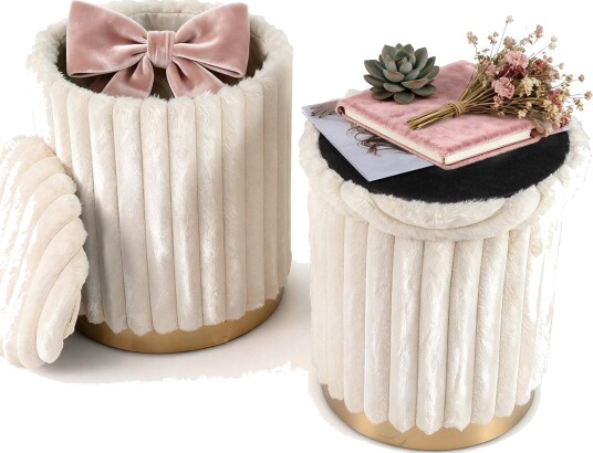Ottomansett med oppbevaring – Fuskekaninpels Beige 2 delt