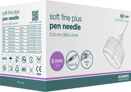 Klinion Soft Fine Plus pennekanyle 0,23 mm 32G x 6 mm 110 stk Klinion Soft Fine Plus pennekanyle 0,23 mm 32G x 6 mm 110 stk