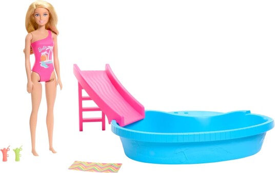 Barbie Doll And Pool Playset, Blonde With Pool, Slide, Towel And Drink Accessories HRJ74