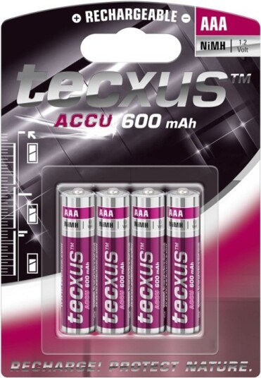 tecxus AAA Micro/HR03 oppladbart batteri   600 mAh 4 stk. blisterpakning Nikkel metallhydrid NiMH batteri 1,2 V