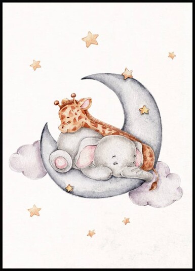 Babyelefant & Sjiraff Sover på Skyen Plakat Plakat / 21x30cm