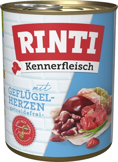 Rinti Våtfôr Kennerkjøtt Fjærkrehjerter 12 X 800 G