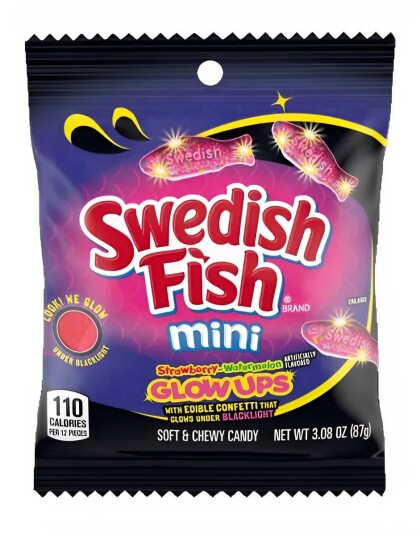 Swedish Fish Glowups   UV Reaktive Vingummifisker med Jordbær og Vannmelonsmak 87 gram USA Import