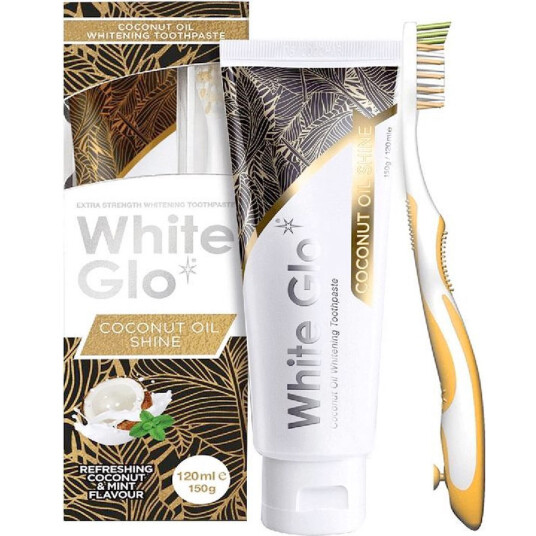 Tannbleking Tannkrem + tannbørste WHITE GLO Coconut Oil Shine